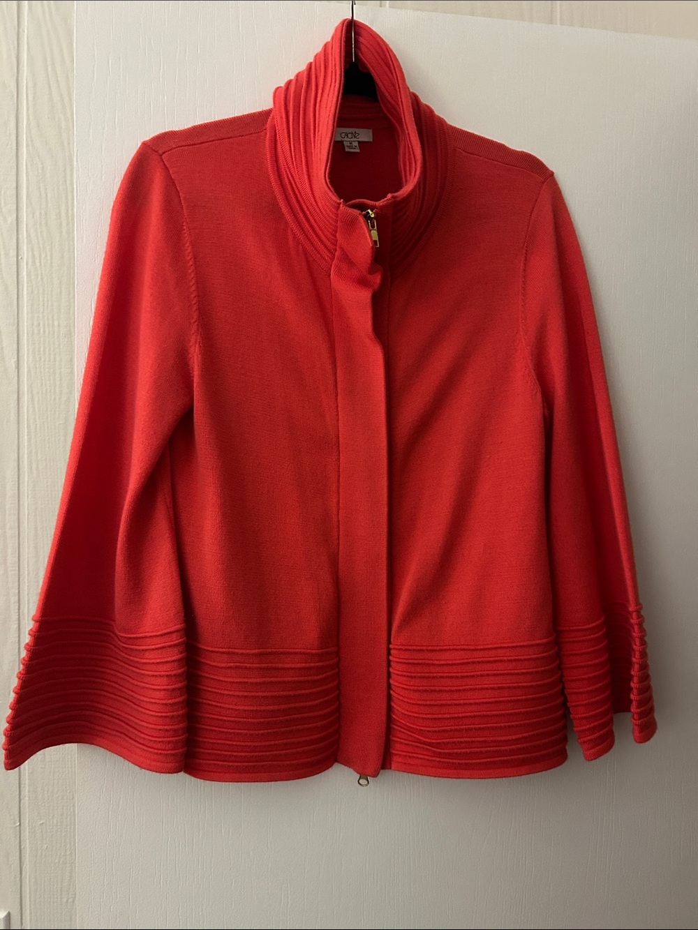CAbi Coral Red Ribbed-Hem Zip Pea Coat